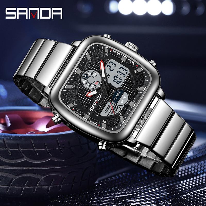SANDA 9101 Fashion Men's Dual Movement Watch Square Dial with Steel Strap Multifunction Waterproof Casual Male Wristwatch Gift