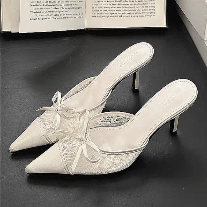 

Fashion Bow Mesh Lace High Heels Slippers Pointed Toe Women Sandals Mules Shoes 2025 New Summer Trend Dress Pumps Sexy Sandalias Mujer 35 абрикосовый