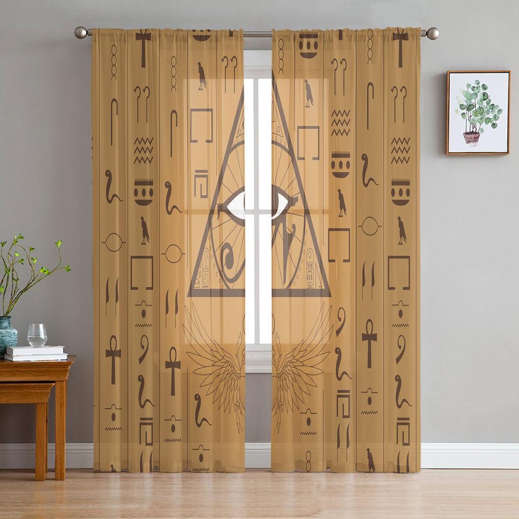 Antique Egyptian Mural Prints Transparent Drapes for Living Room Decoration Window Panel Drapes Cooking Area Soft Tulle Light Voile Silk-like Fabric