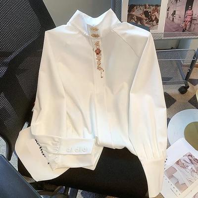 Moda z długim rękawem elegancka haftowana koszula 2023 stójka luźna biała bluzka damska jesień kobiece czarne topy 29836