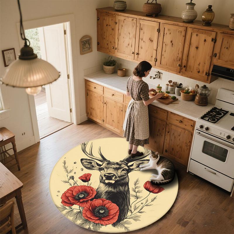 Deer Antler Flowers,Round Area Rug,Carpet Rug for Living Room Bedroom Sofa Playroom Decor,Non-slip Floor Mat