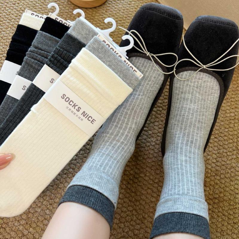 Spring and Autumn Children's Sock Set - Mid-length Double-cuffed Multi-color Plaid Socks, Gray Fake Two-piece Long Socks, Pure Cotton, Bone-free Socks
