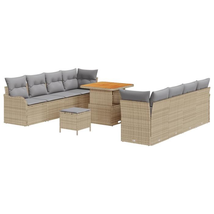 Ensemble de 11 Pièces de Canapé de Jardin avec Coussins Beige Rattan Synthétique Acacia, Canapé de Jardin 2 Places 3364187
