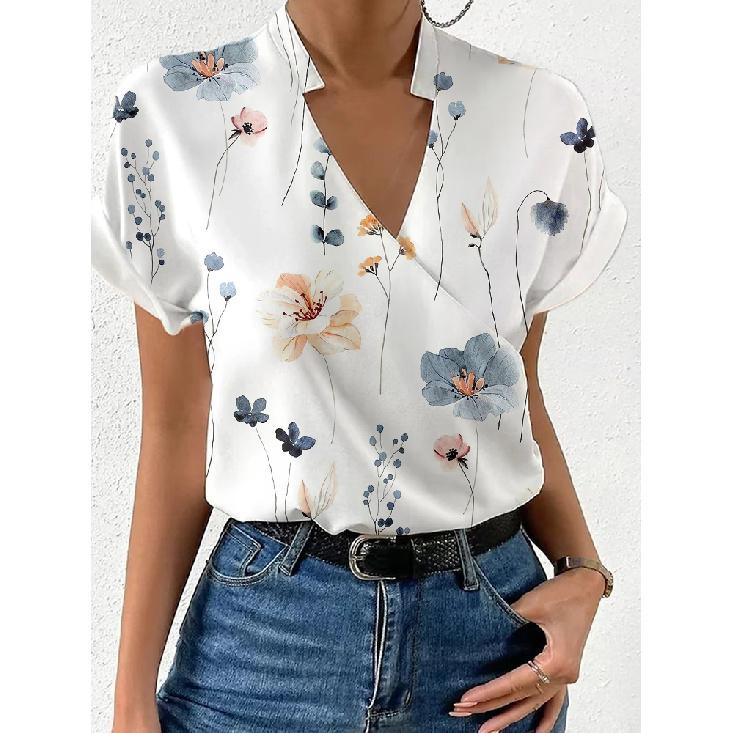 

Элегантная блузка с принтом, рубашки с коротким рукавом, летняя офисная леди, V-образный вырез, цветочная рубашка S-XXL M