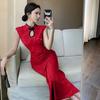 Summer Slim-fitting Dark Flower Festive Disc-buckled Cheongsam Sexy Waist and Thin Chinese Fashion Dress Women's Hip-wrapped Dress
