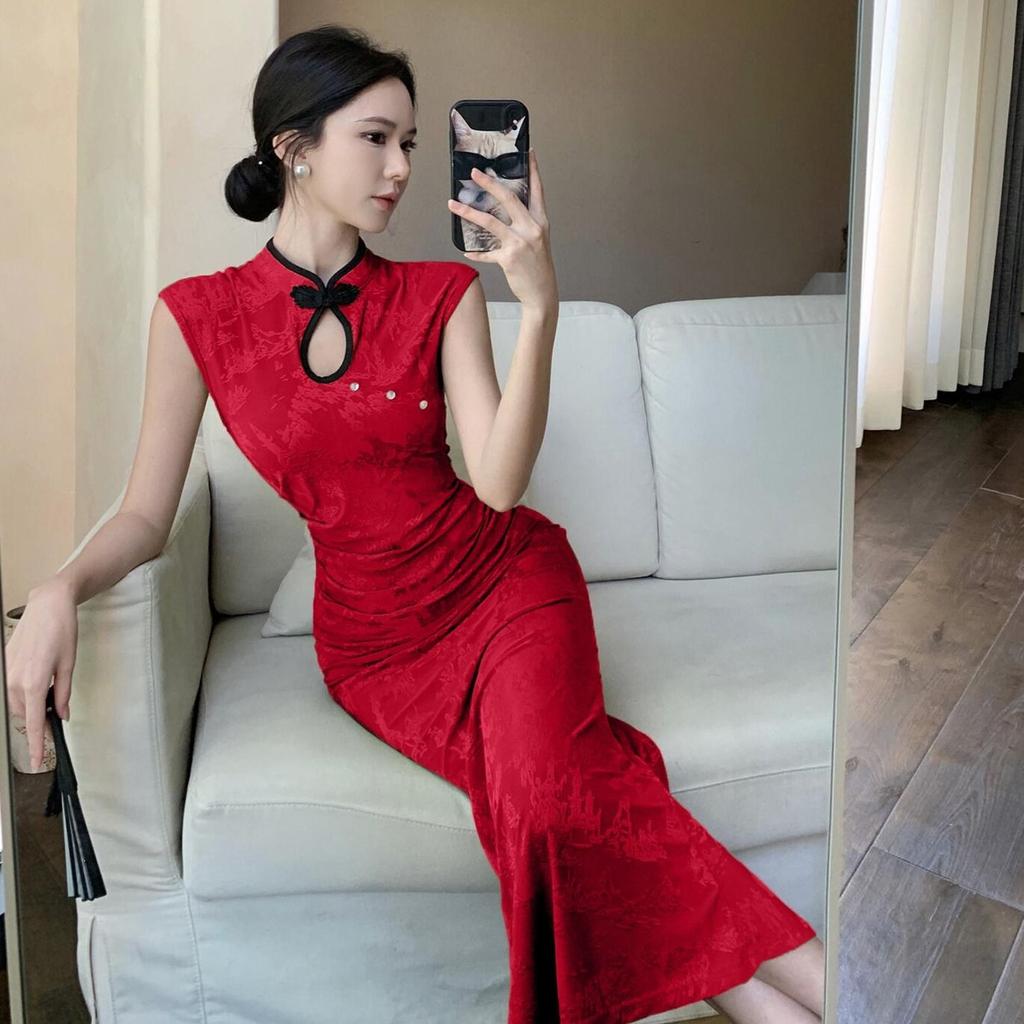Summer Slim-fitting Dark Flower Festive Disc-buckled Cheongsam Sexy Waist and Thin Chinese Fashion Dress Women's Hip-wrapped Dress