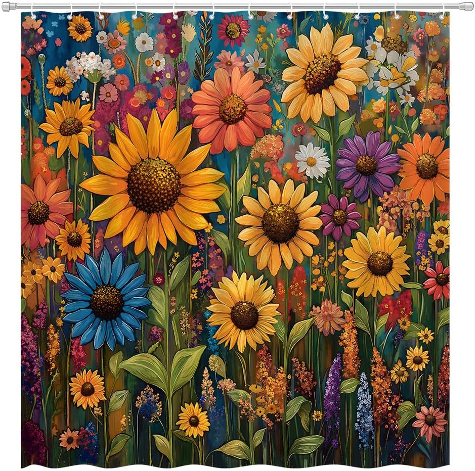 Sunflower Shower Curtain Rustic Floral Boho Watercolor Flower Farmhouse Wildflowers Colorful Plants Natural Vintage Abstract Art W60H190(CM)-1 Pcs