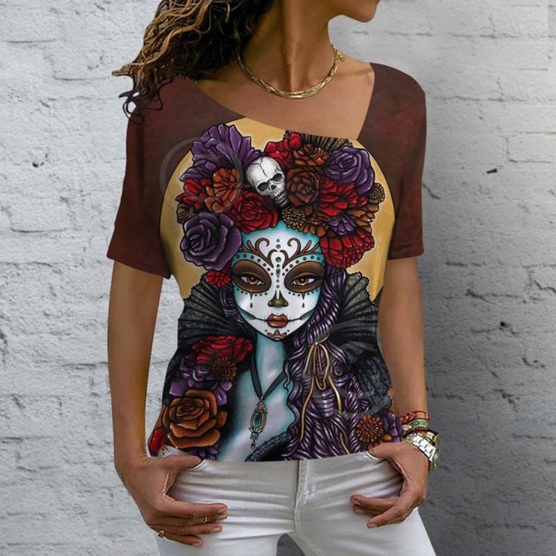 Damski T-shirt z motywem różanym, malowany, z nadrukiem graficznym, z dekoltem w serek, podstawowy top z krótkim rękawem, XS-8XL/Druk 3D