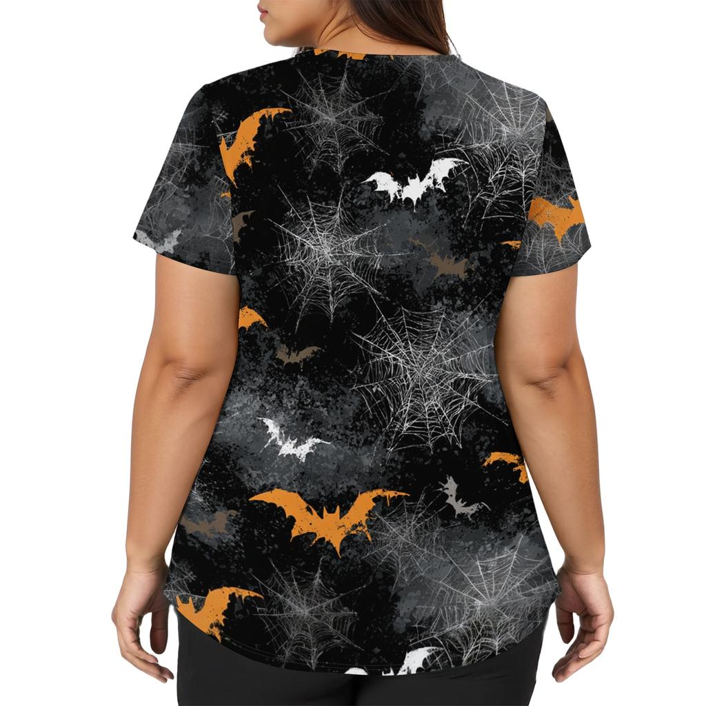 Women's V-Neck Short Sleeve Scrub Top with Pockets Halloween Print Uniform for Work