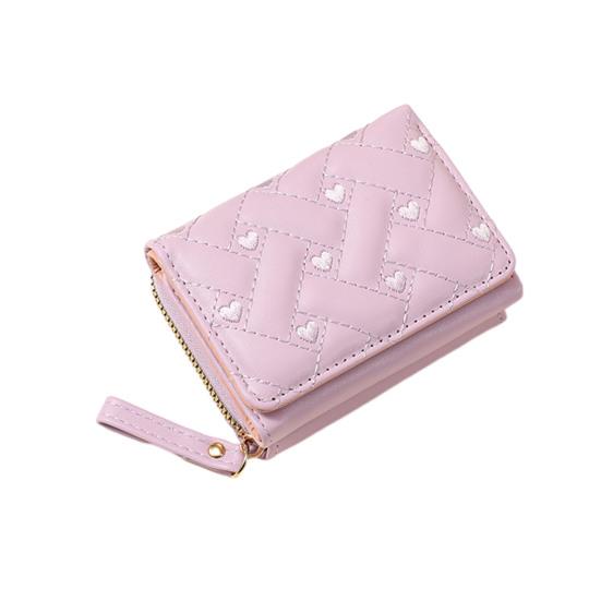 Women Stylish Tri-Fold Wallet Embroidered Heart Cash Wallet Mini Card Holder Wallet with Zippered Coin Pocket for Dating Shopping