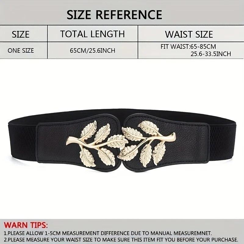 Women Belt Fashion Waist Cover Golden Leaf Elastic Waist Closure With Double Hook Buckle Wide Belts Paired With Skirt Lady Belt