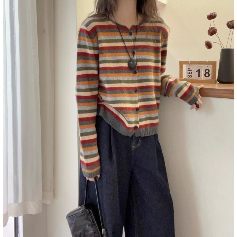 Round Neck Long Sleeve Color Striped Knitted Cardigan for Women In Autumn Sweater Jacket