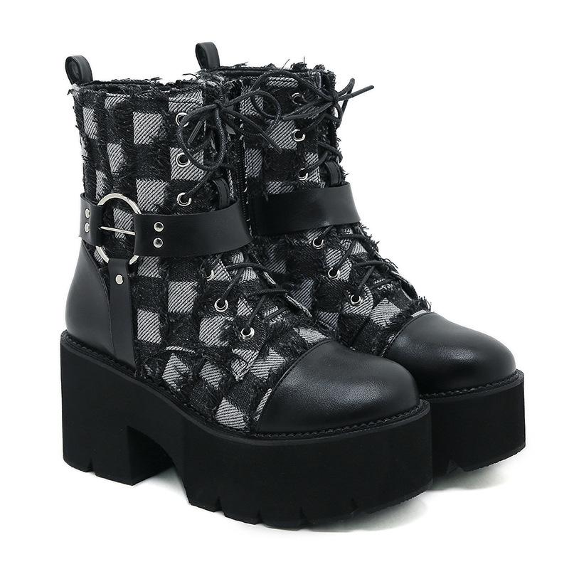 

8cm New Black Pattern Women s Shoes Chain Thick Soled Waterproof Platform Women s Shoes Thick High Heel Strap Ankle Boots 35 темно-серого