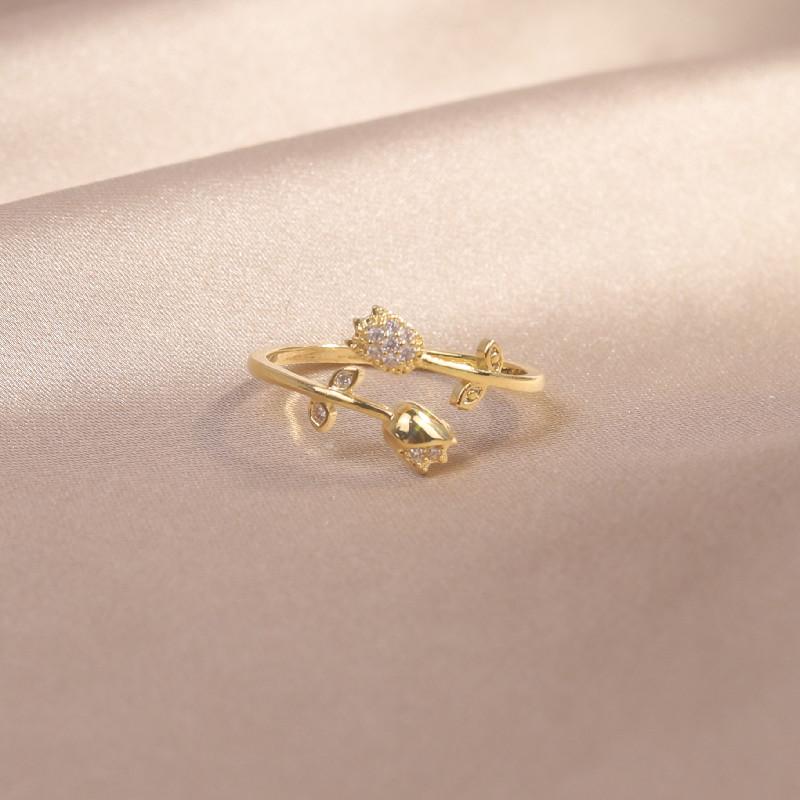 Korea  Design Fashion Jewelry 14K Real Gold Plated Leaf Zircon Cat Double Tulip Ring Elegant Women's Opening Adjustable Ring