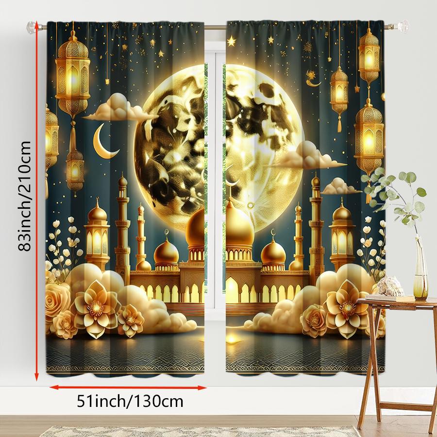 2PCS Gilded Moonnight Islamic Festival Curtains   Luxury Style   Bedroom and Living Room   Drawbar Pocket Decoration