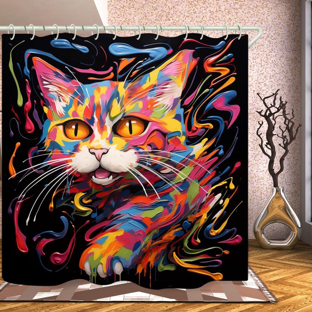 Bathroom Using Colorful Oil Painting Cat 3D Shower Curtain, Luxury Bathtub Standard Shower Curtain, Waterproof and Bright Fabric