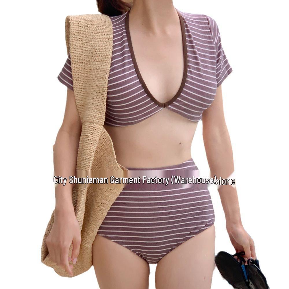 High-Waisted Striped Korean-Style Bikini - Two-Piece Swimwear for Small Busts