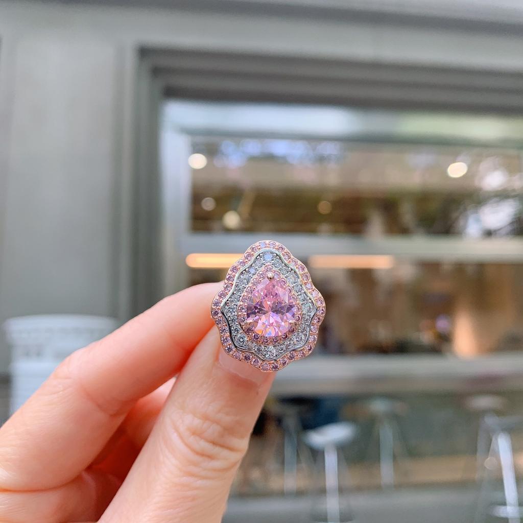 New Pink Ring With Micro Inlaid Pear Shaped Colored Jewelry Retro Exaggerated Zircon Female