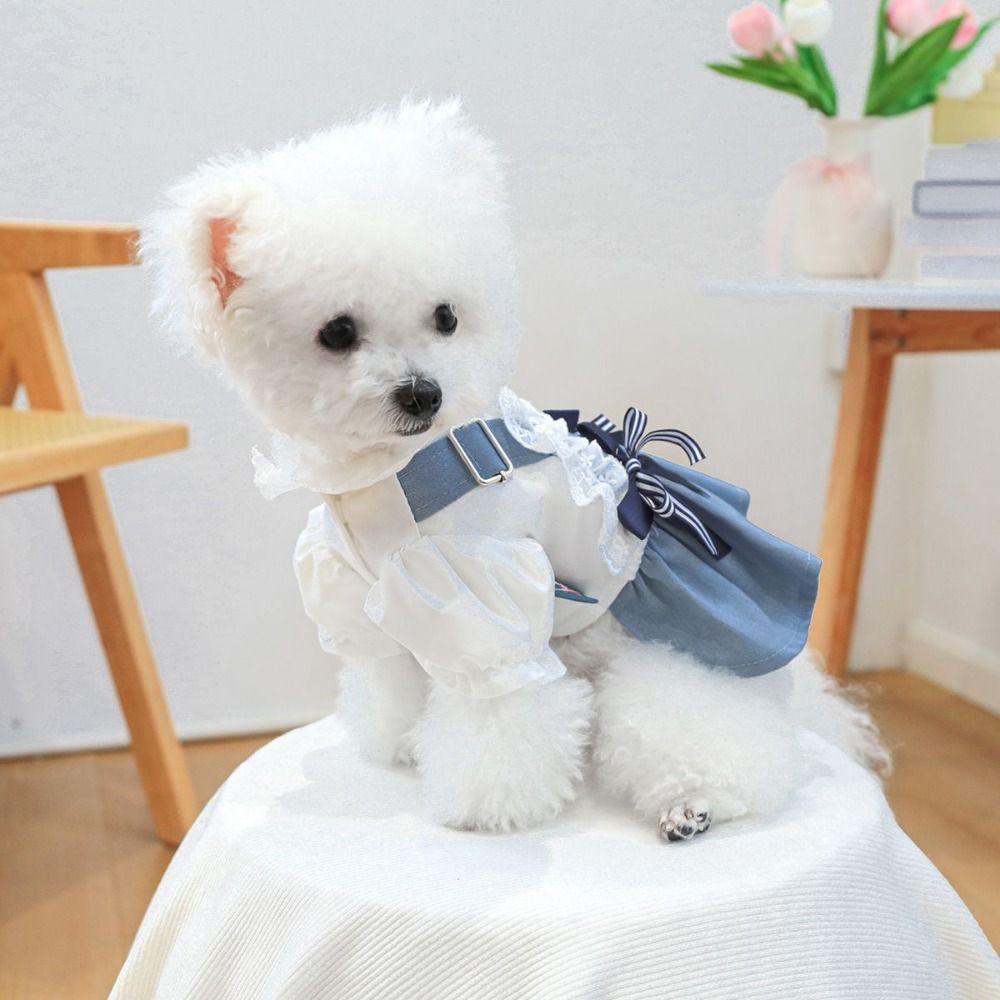Reusable Pet Denim Dress With Bow Pet Skirt Durable Dog Denim Skirt  Dog Walking
