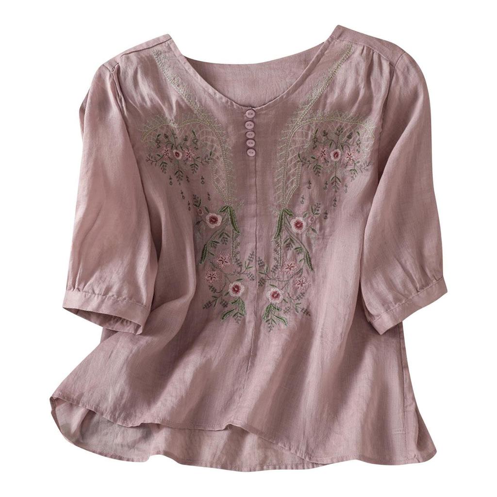 Fashion Women's Shirt Five-quarter Sleeve Spring And Summer Loose Top Embroidered Shirt