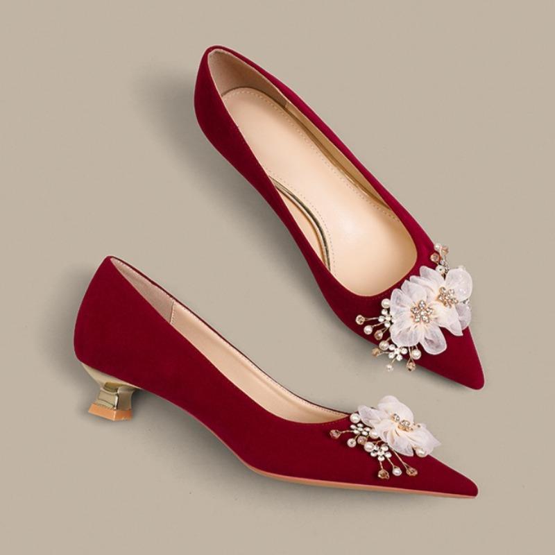 Women Pointed Shallow Mouth High Heels Shoes Suede Stiletto Heel Shoes Comfort Solid Pearl Wedding Single Pumps Zapatos De Mujer