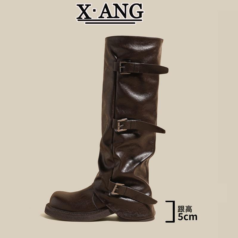 Leather Coarse Heel Knight Boots Women's Belt Buckle Pleated Pile Boots Autumn New Western Cowboy Boots Medium Boots