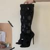 Fashion Liyke Summer Fashion Hollow Out Knee High Sandals Women Stiletto Heels Peep Toe Zip Long Boots Female Shoes Black Zapatos Mujer