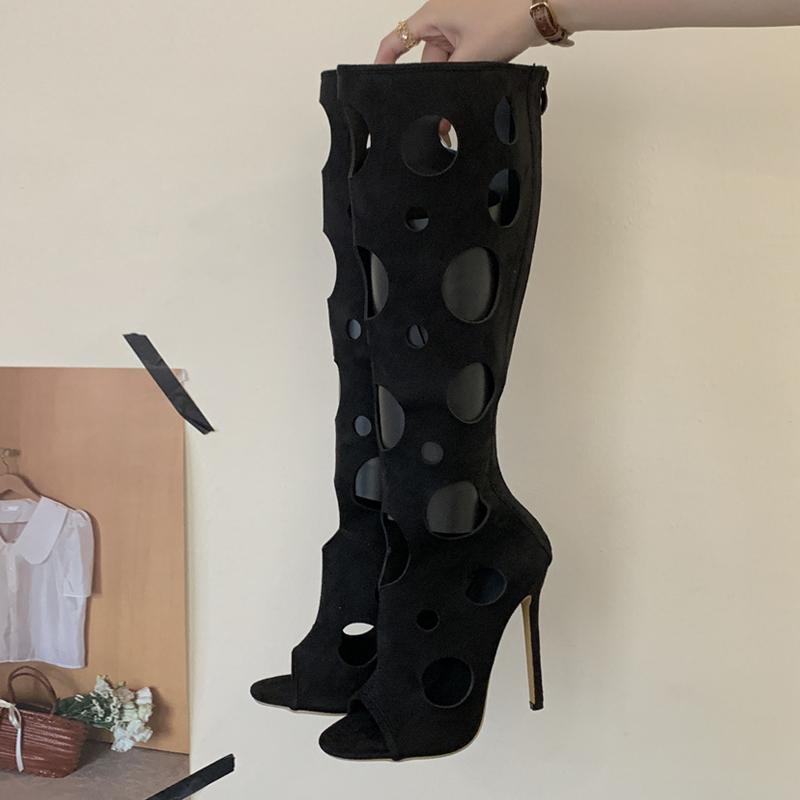 Fashion Liyke Summer Fashion Hollow Out Knee High Sandals Women Stiletto Heels Peep Toe Zip Long Boots Female Shoes Black Zapatos Mujer