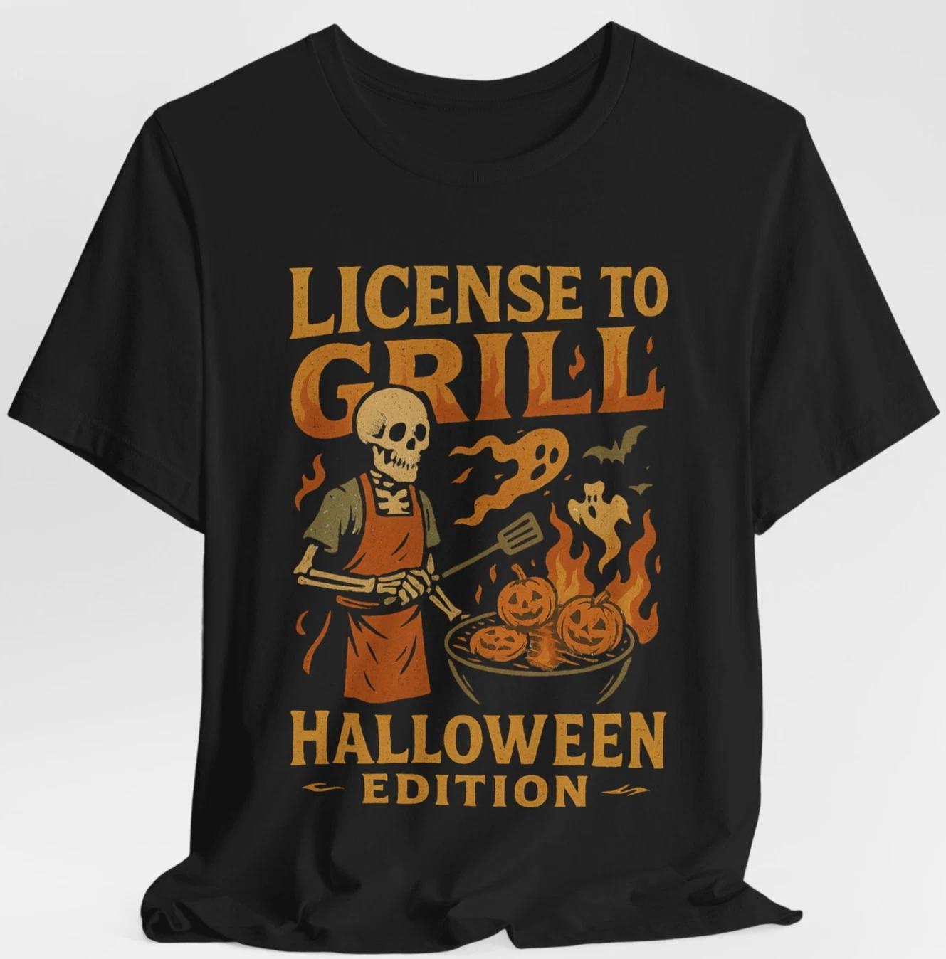 License to Grill Halloween T-Shirt Skeleton BBQ Funny Scary Spooky Cookout Tee 2XL