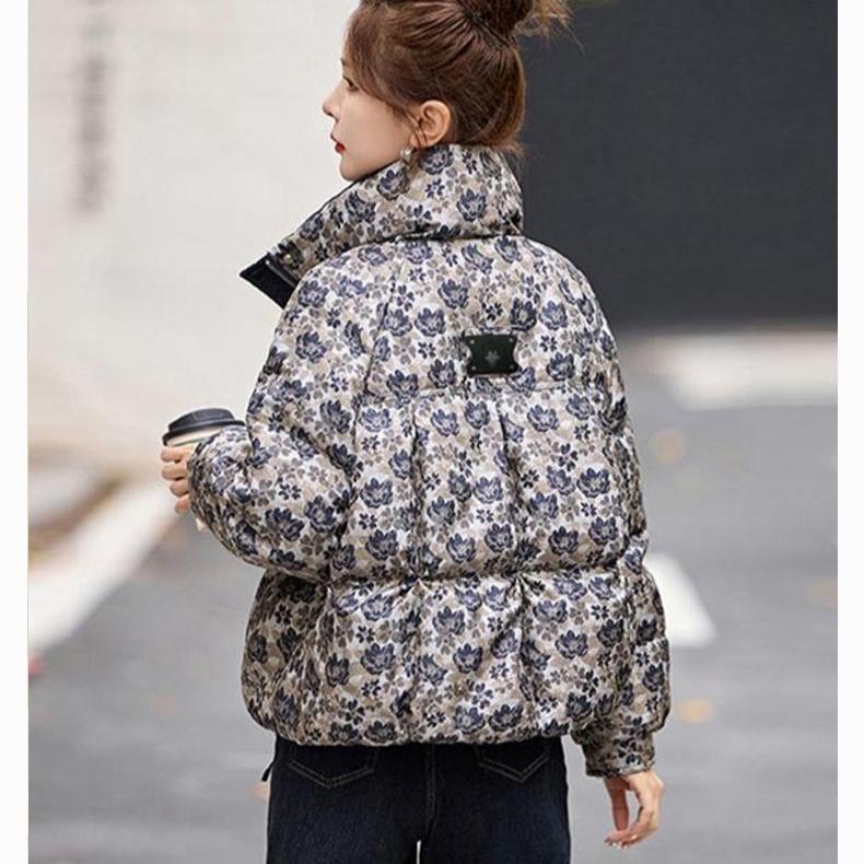 Winter Baumwolljacke Kurzer Steppmantel Stehkragen Locker Streetwear Bedruckt Mode Oberbekleidung