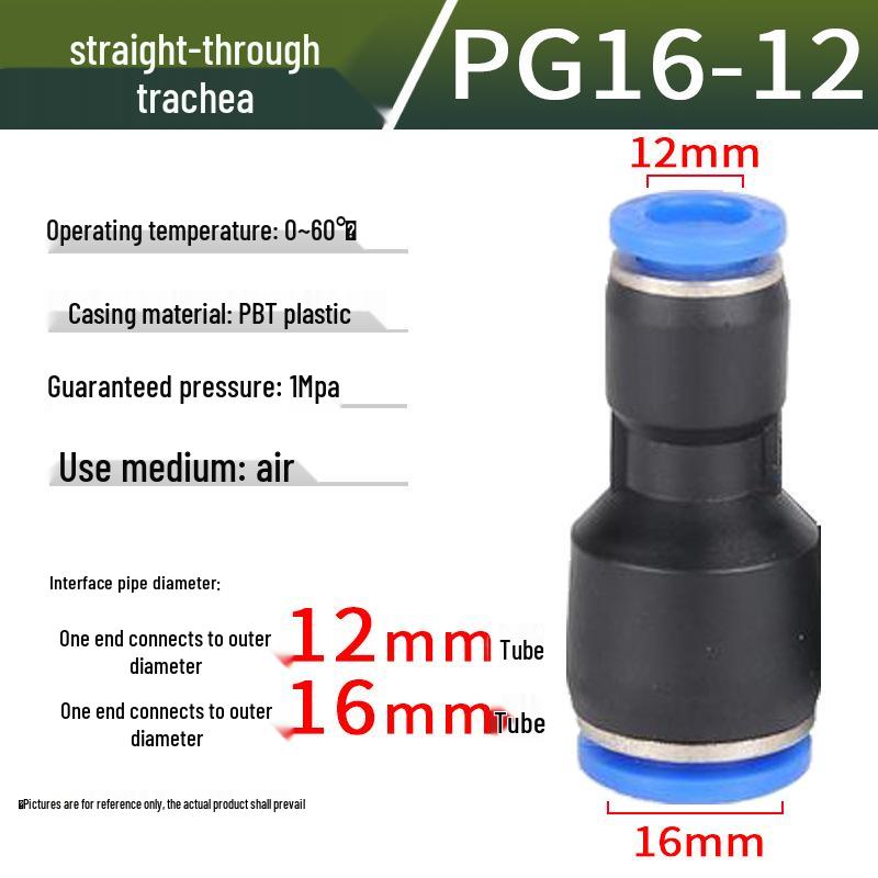 Pneumatic Air Tube Connector: PU8 Straight, PV10 Right-Angle Elbow, Quick-Insert, Butt Joint, Blue Plastic, PG6-4 Reducer.