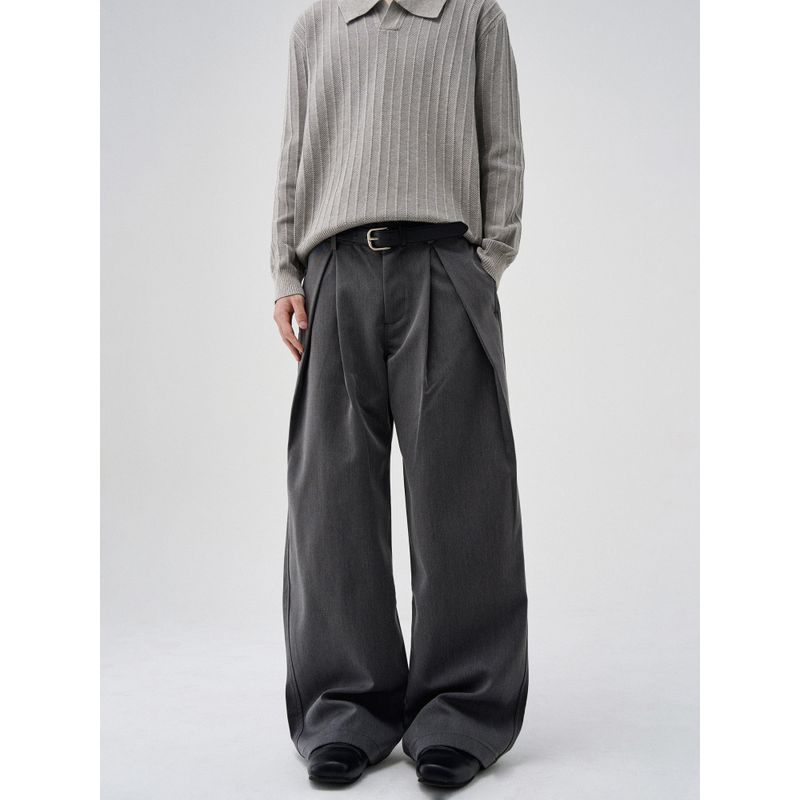 Kisko Simple and Sophisticated A-Line Silhouette Drape Casual Dress Pants for Men, Loose Cleanfit Straight-Leg Trousers