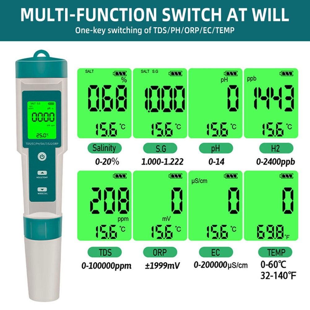 8 In 1 Multi Functional Water Quality Meter Portable Digital PH Tester Drinking Water Aquariums Water Quality Tester Pen
