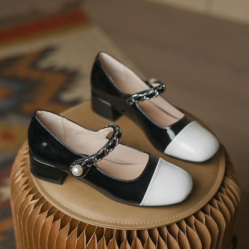 Mary Jane small leather shoes women's French retro color matching four-season thick heel princess style high heels single shoes 676-9