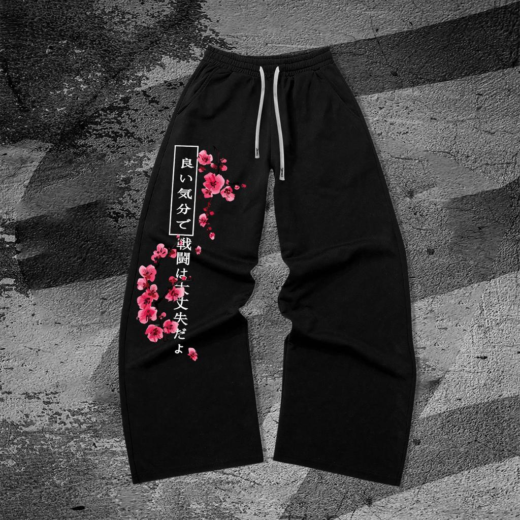 Japanese-style Cherry Blossom Print Casual Sweatpants; Japanese-inspired Loose-fit Casual Sweatpants