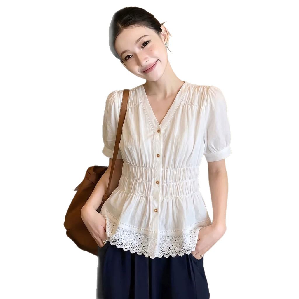 French fashion white v-neck short-sleeved chiffon shirt women's summer new fashion temperament waist shirt