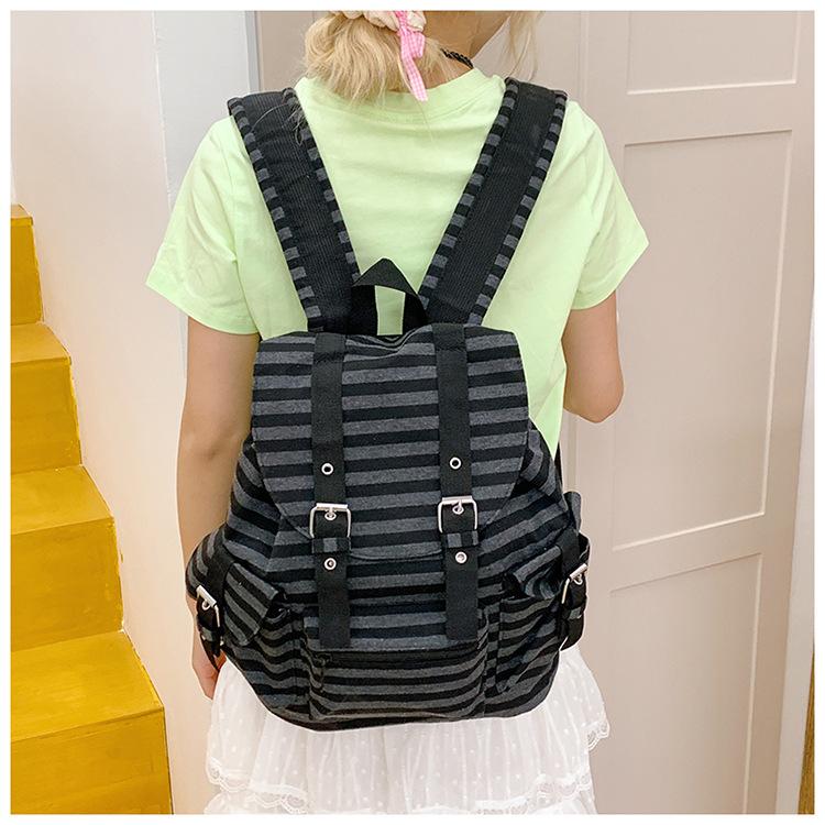 High Quality Korean Style Retro Backpacks Drawstring Design Flat Stripe Bookbags Large Capacity Soft Tote Bags Unisex