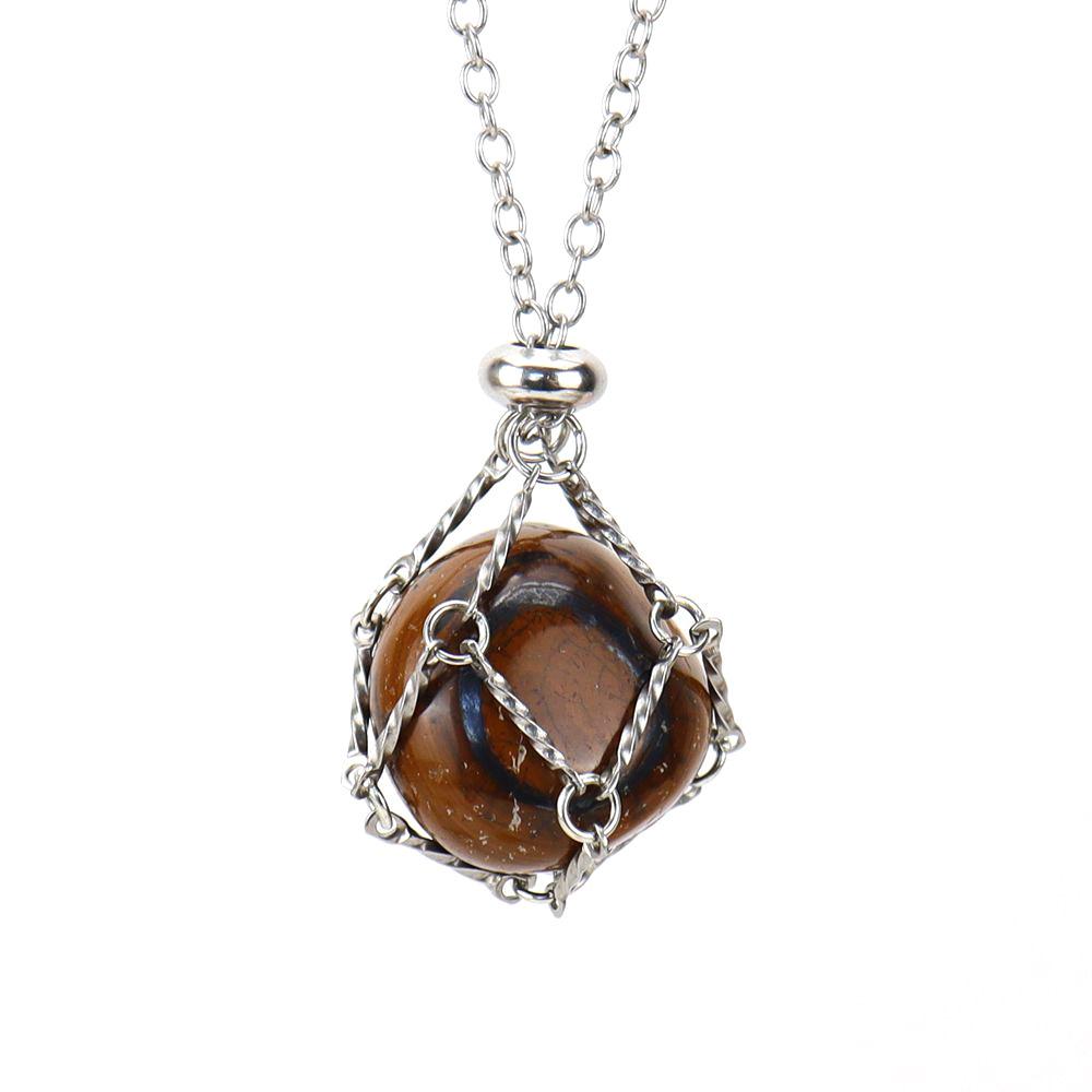 Stainless Steel Metal Bamboo Braided Mesh Prison Cage Pendant Natural Crystal Rough Stone Necklace Adjustable N700