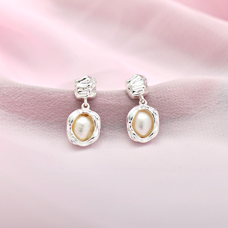 French Baroque Pearl Dangle Earrings with Silver Needle - High-End Luxury Design