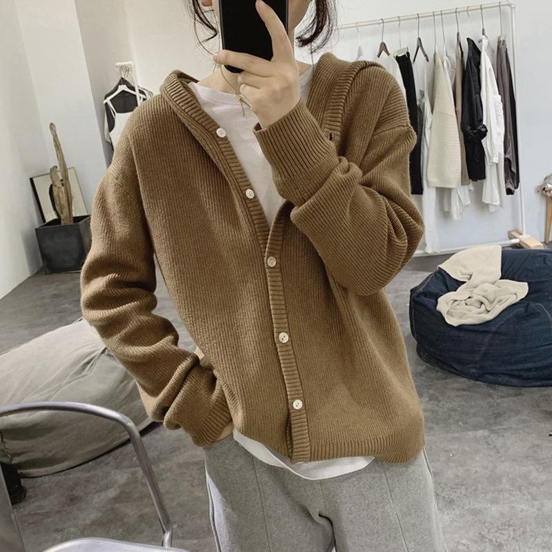 Hooded v-neck knitted cardigan early autumn new loose lazy gentle wind sweater jacket with top women