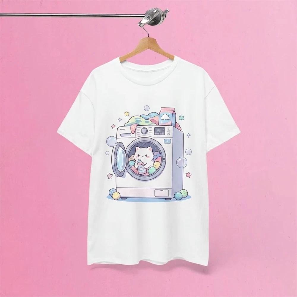 Kawaii Cat Washing Machine Funny Japanese Goth White TShirt Gift For Fans S