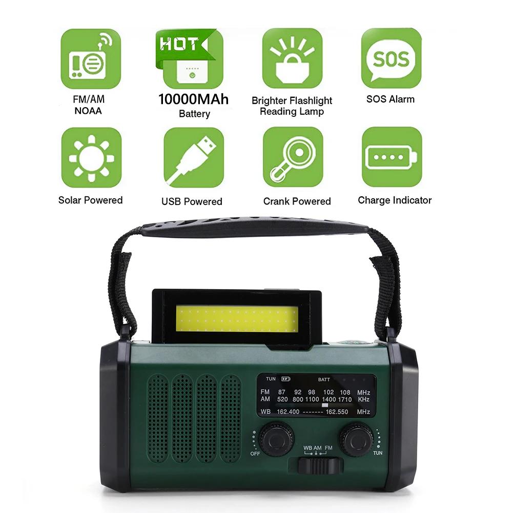 LED Emergency Radio AM/FM/WB 10000mAh Emergency Power Bank Flashlight Reading Lamp Solar Radio Charger Type-C Charging SOS Alarm