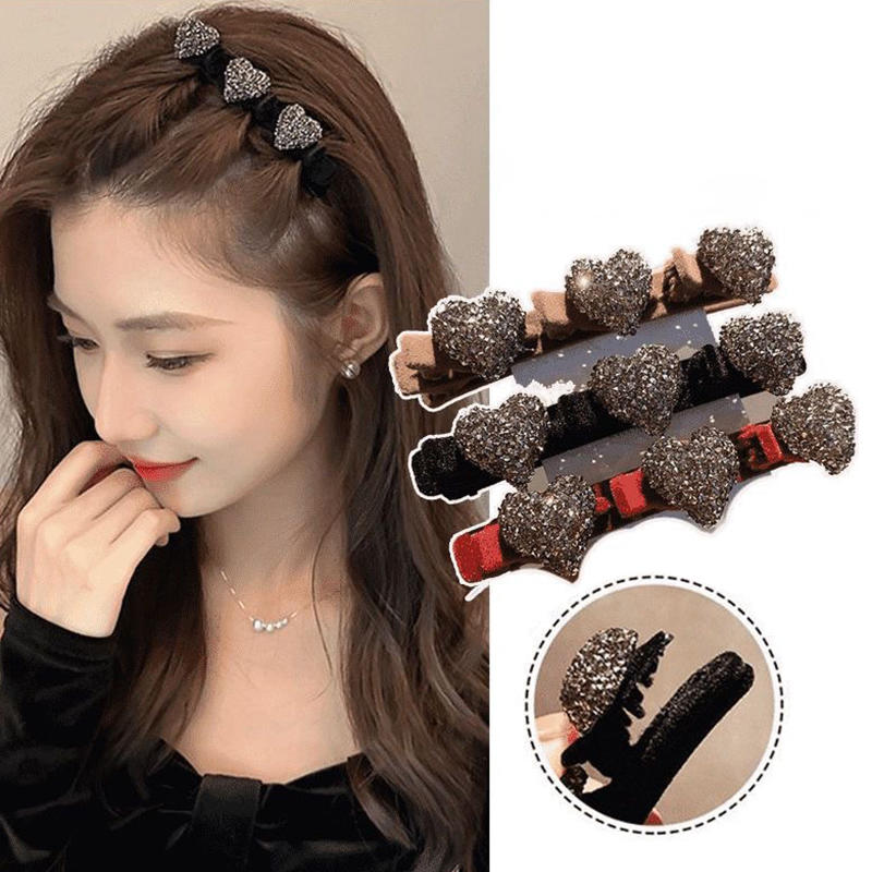 Double Layer Flocked Bangs Side Clip Crystal Love Heart Hair Braiding Hairpins Women Girls Clip Bangs Barrettes Hair Accessories Forehead Bangs Clip