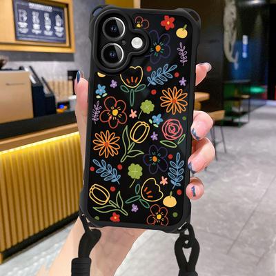 Wrist Strap Phone Case for iPhone 17 Pro Max 16 15 14 12 Beautiful Flower Silicone TPU Soft Bumper Lanyard Strap Rope Cover Bags