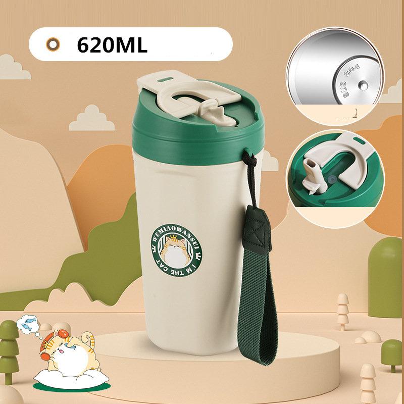 520ML/620ML Cartoon Cat Pattern 304 Stainless Steel Thermal Cup For Coffee Direct Drink/Straw Drinking 2in1 Travel Mug Leakproof