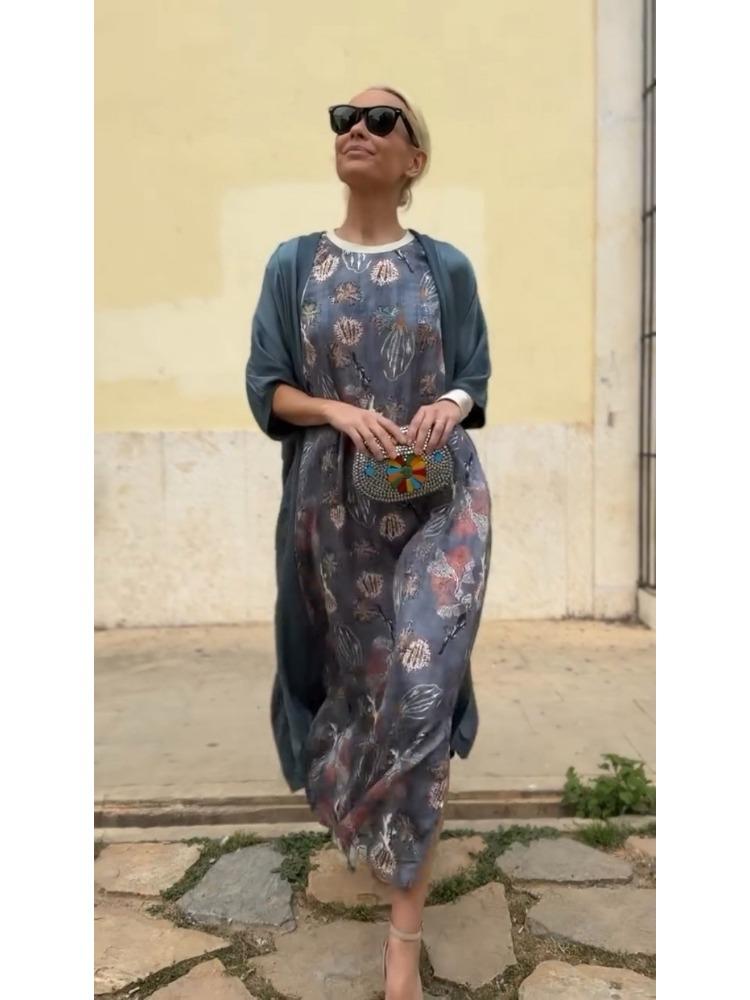 Women's Bohemian Floral Print Sleeveless Dress with Matching Long Red Cape