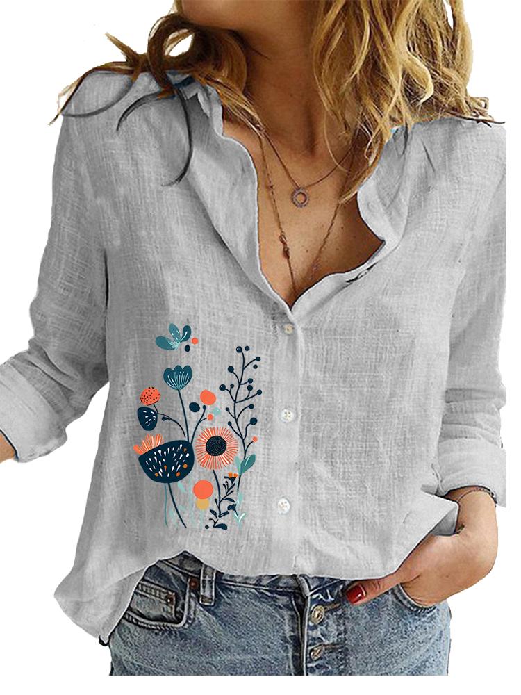 Women Fashion Cotton Linen Blouse Spring&summer Casual Loose Top Ladies Floral Print Long Sleeve Shirt