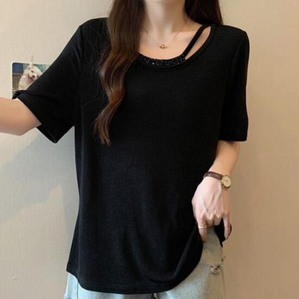 Navava Women Simple Daily Bead PoinT ShorT Sleeve T shirT nT2459