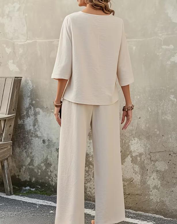 2025 Elegant Solid Color Top and Pants Set with Button Details