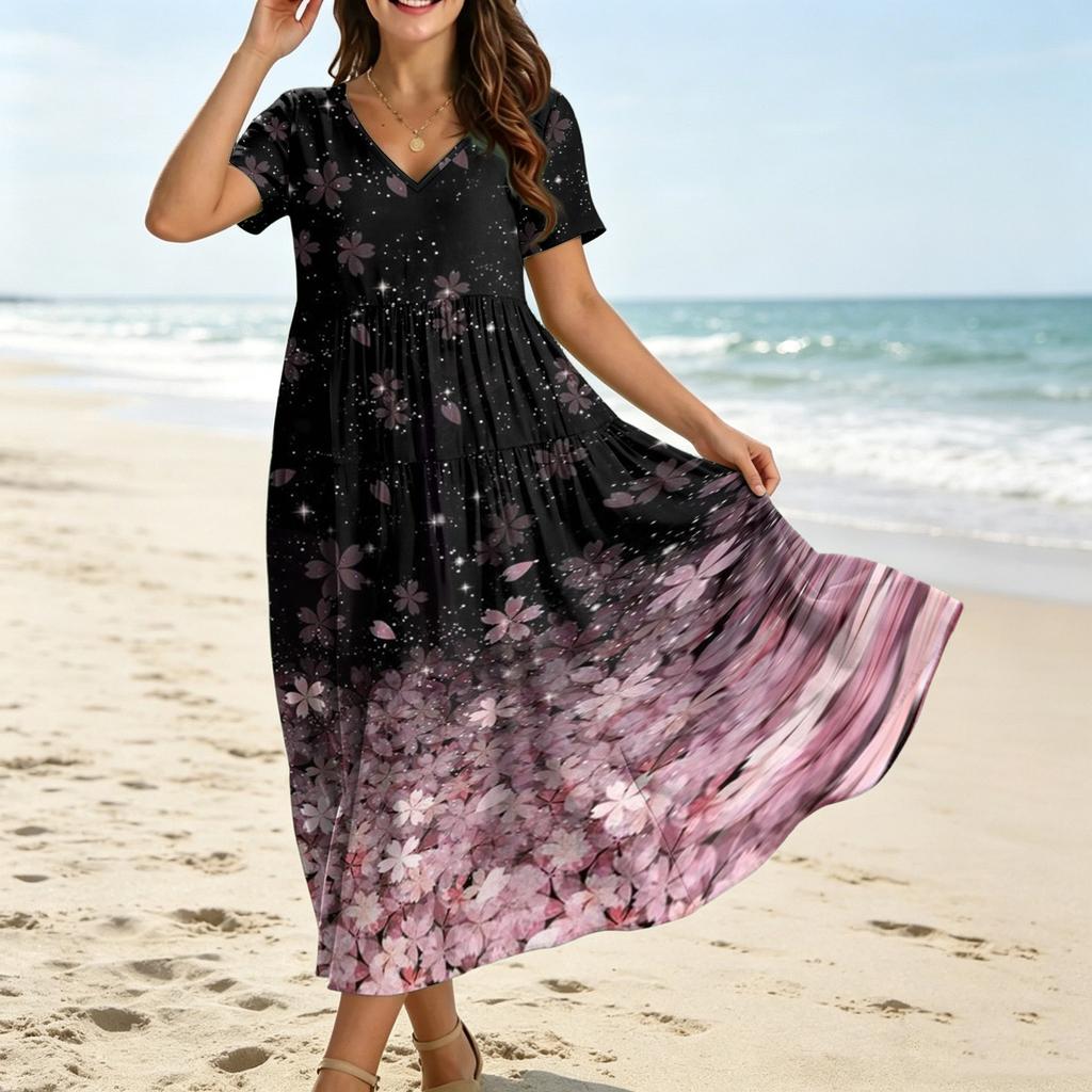 Frauen Casual Lose Bohemian Blumenkleid Kurzarm Lange Maxi Sommer Strand Swing Kleid